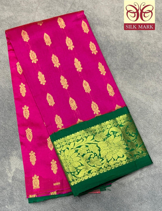 Pink Shade Pure kanchipuram Kids Pattu Pavadai with Contrast Border for Newborn to 2 Years