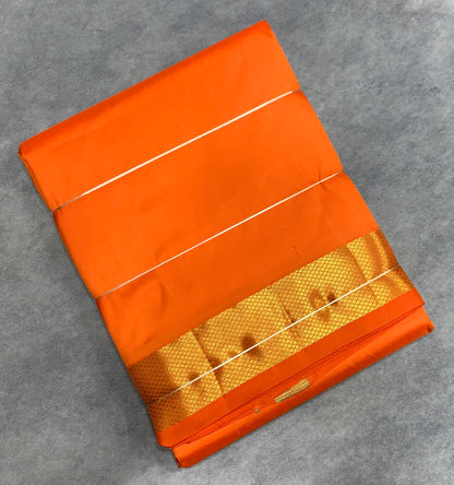 9X5 Pure Silk Dhoti Golden Orange with Large Golden Zari Border