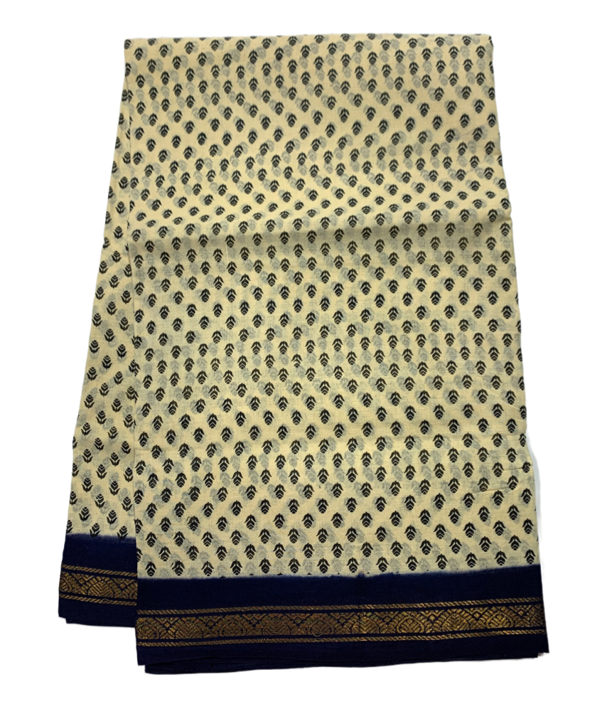 9 yards Cotton Saree Half White Colour with Navy Blue Border