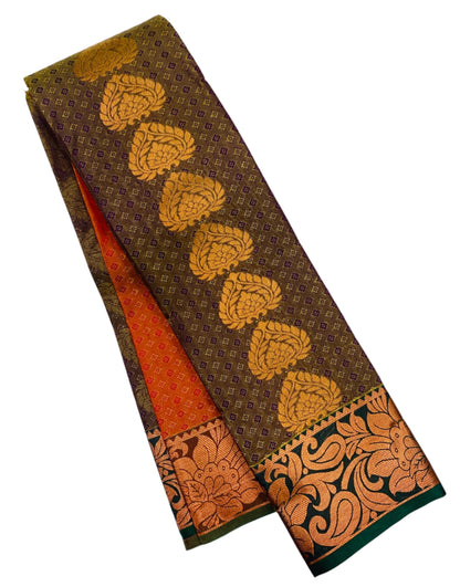 Vegan Silk Saree Brown Colour with Copper and Green Border