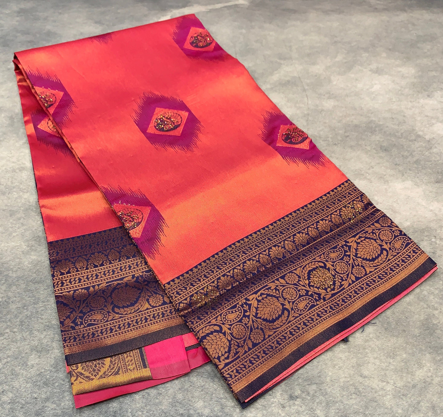 Art Silk Saree Pink Colour and Stone Work with Navy Blue Border