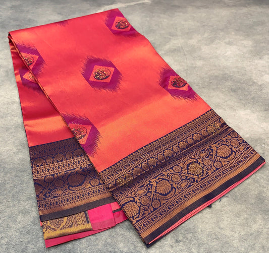 Art Silk Saree Pink Colour and Stone Work with Navy Blue Border