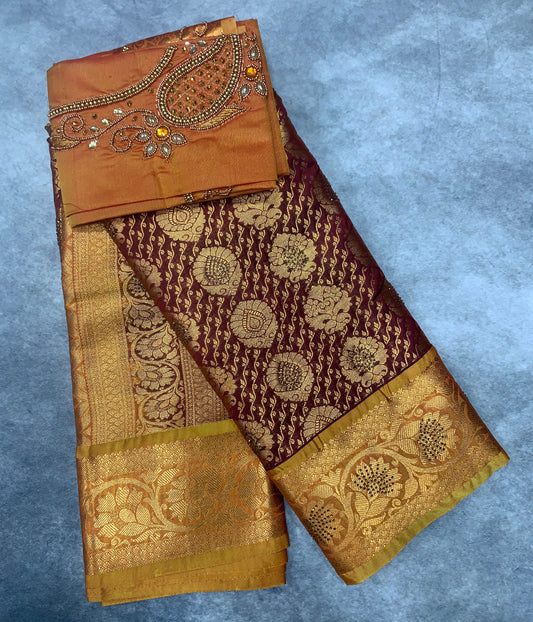 Bridal Vegan Silk Saree Brown shade with Golden Yellow Border with Unstitched blouse in Aari Work