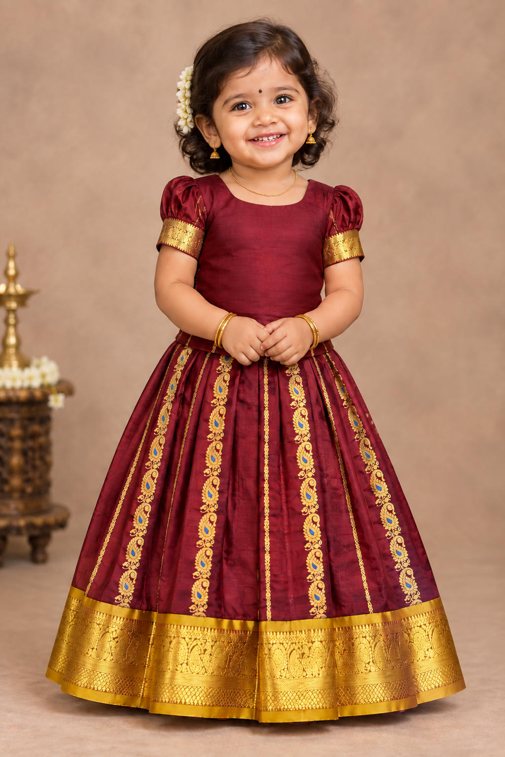 Brown Shade Pure Kanchipuram Kids Pattu Pavadai with Contrast Border for Newborn to 2 Years