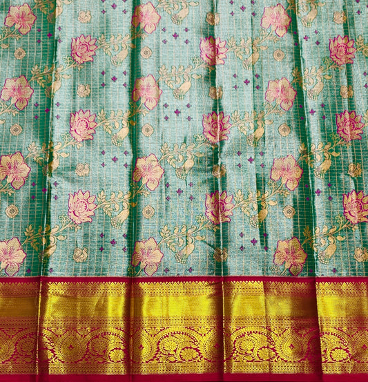 Emerald Green Shade Vegan Silk Kids Pattu Pavadai with Contrast border for age 2 to 5