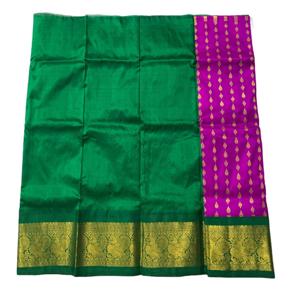 Magenta shade Pure kanchipuram Kids Pattu Pavadai with contrast border for newborn to 2 Years