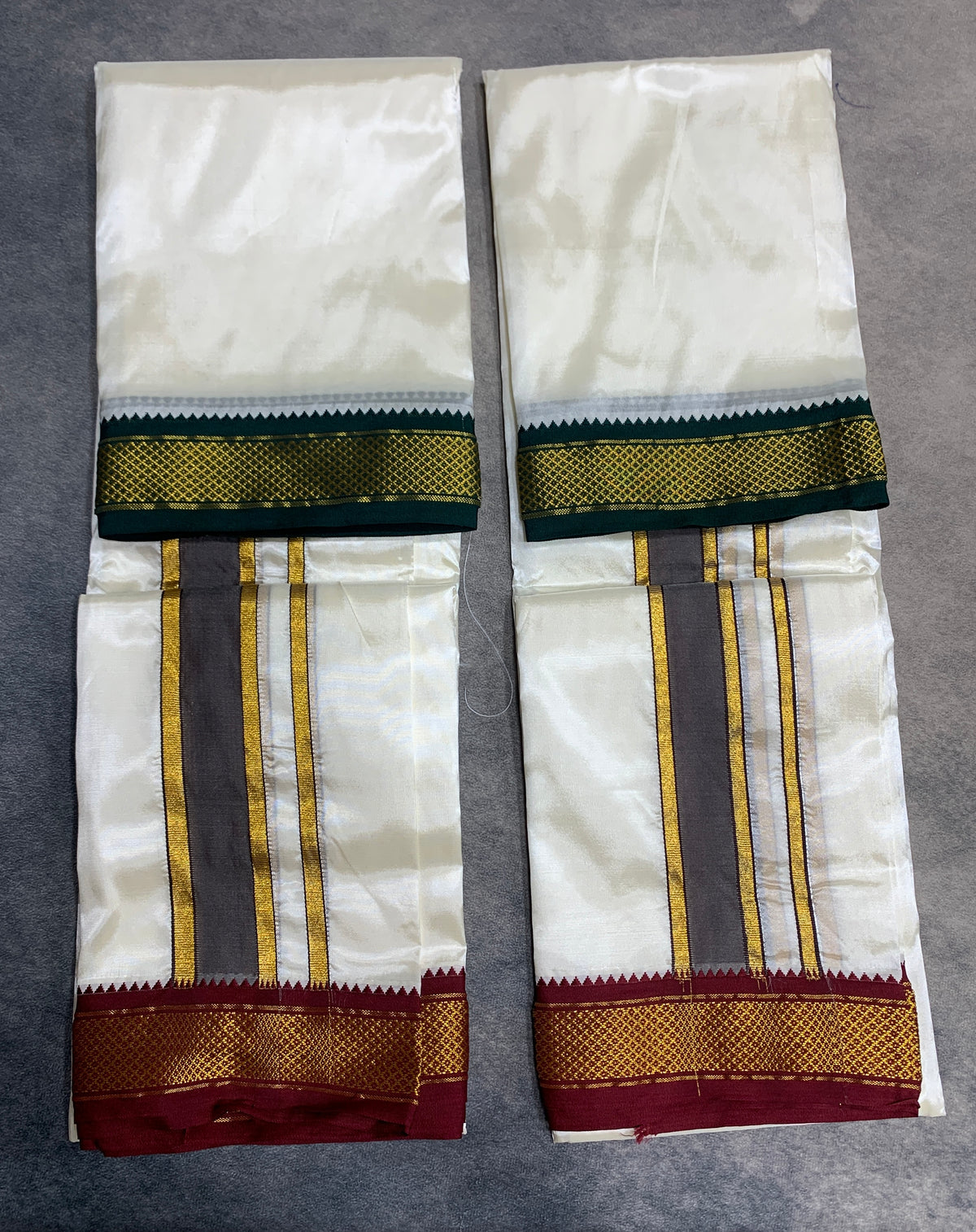 Art Silk Dhoti 8X4 Cream Colour with Small Ganga Jamuna(Green/ Maroon) Border