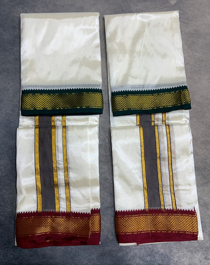 Art Silk Dhoti 8X4 Cream Colour with Small Ganga Jamuna(Green/ Maroon) Border
