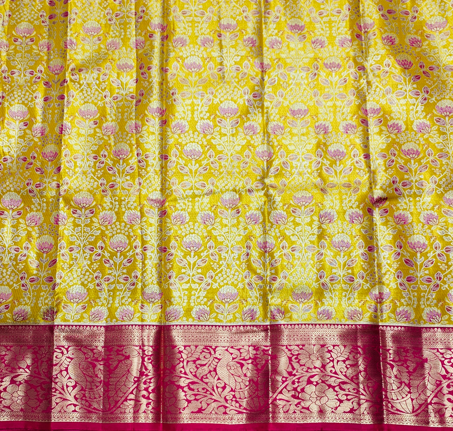 Golden Yellow Shade Vegan Silk Kids Pattu Pavadai with Contrast Border for age 2 to 5