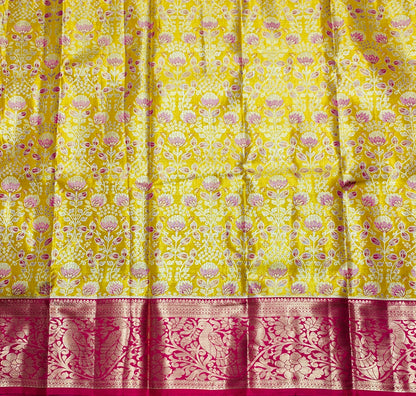 Golden Yellow Shade Vegan Silk Kids Pattu Pavadai with Contrast Border for age 2 to 5