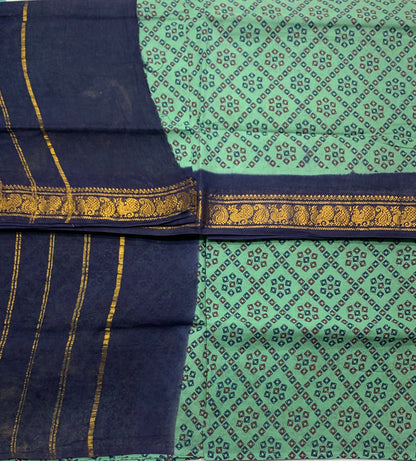 Chettinad Sungudi Cotton Pista Green Colour with Navy Blue Border