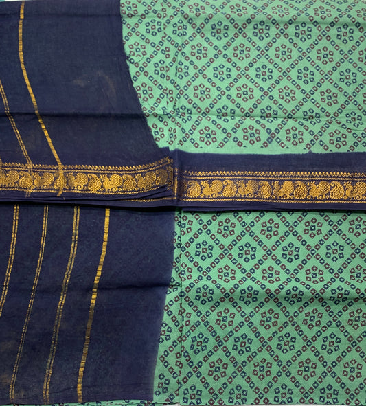 Chettinad Sungudi Cotton Pista Green Colour with Navy Blue Border