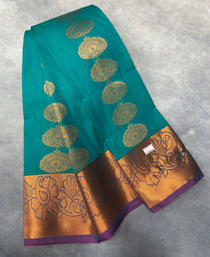 Vegan Silk Saree Rama Green Colour Saree with Copper Border