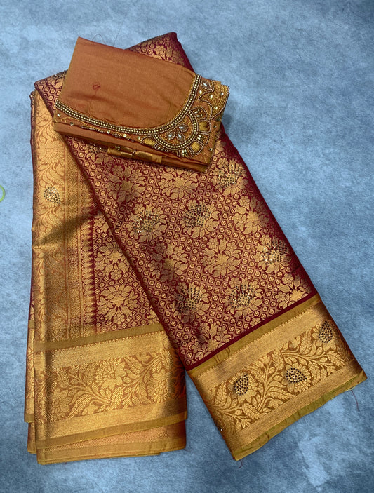 Bridal Vegan Silk Saree Maroon shade with Golden Yellow Border with Unstitched blouse in Aari Work