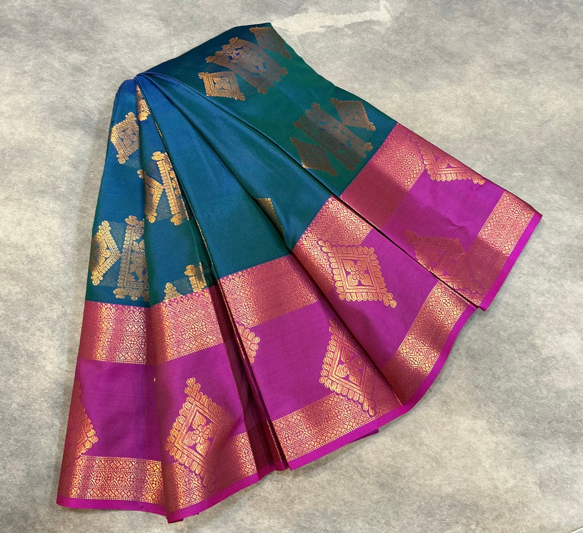 Soft Silk Casual Saree Peacock Blue with Rettai Pettu Magenta Colour Border