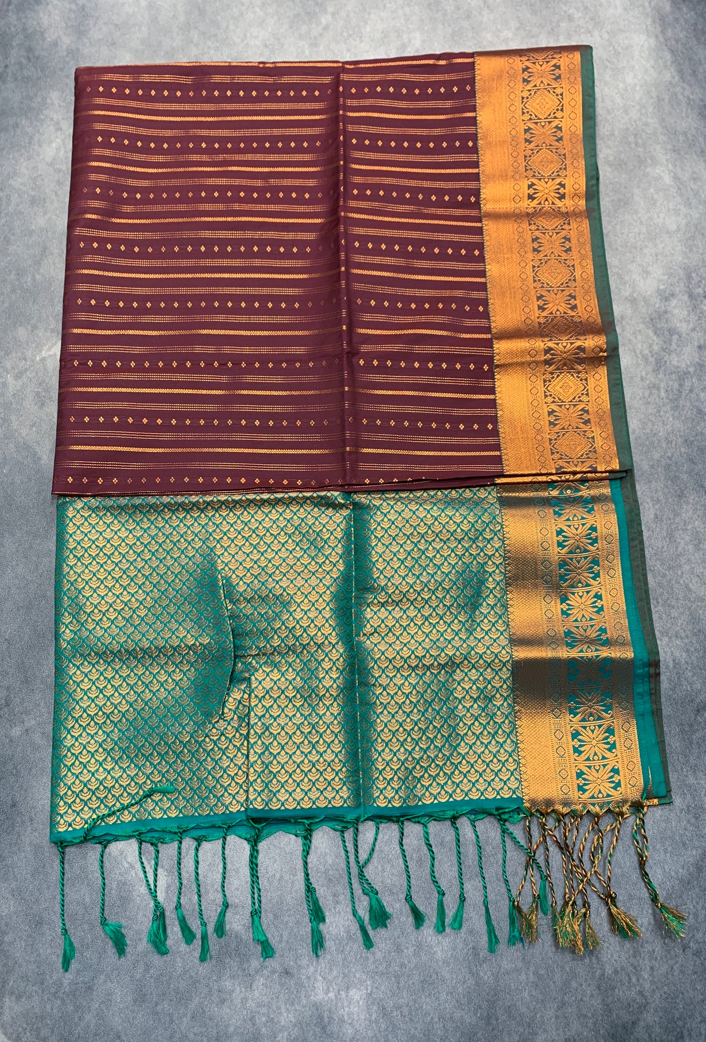 Soft Vegan Silk Saree Brown Colour with Rama Green and Copper Border