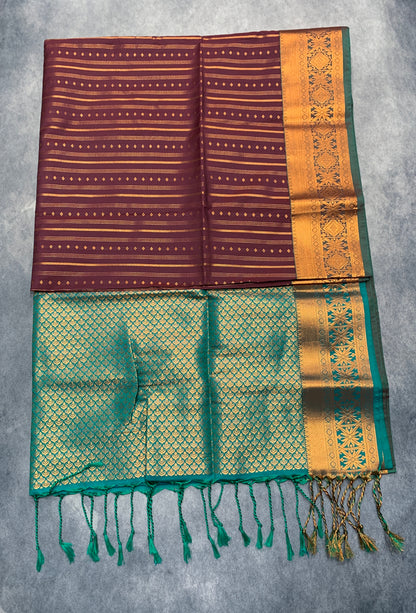 Soft Vegan Silk Saree Brown Colour with Rama Green and Copper Border