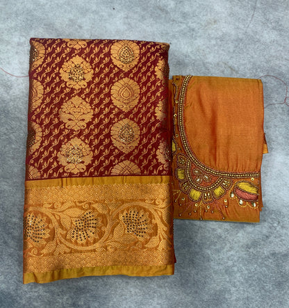 Bridal Vegan Silk Saree Maroon shade with Golden Yellow Border with Unstitched blouse in Aari Work