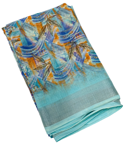 Jute Cotton Saree Sky Blue Shade with Thread Border