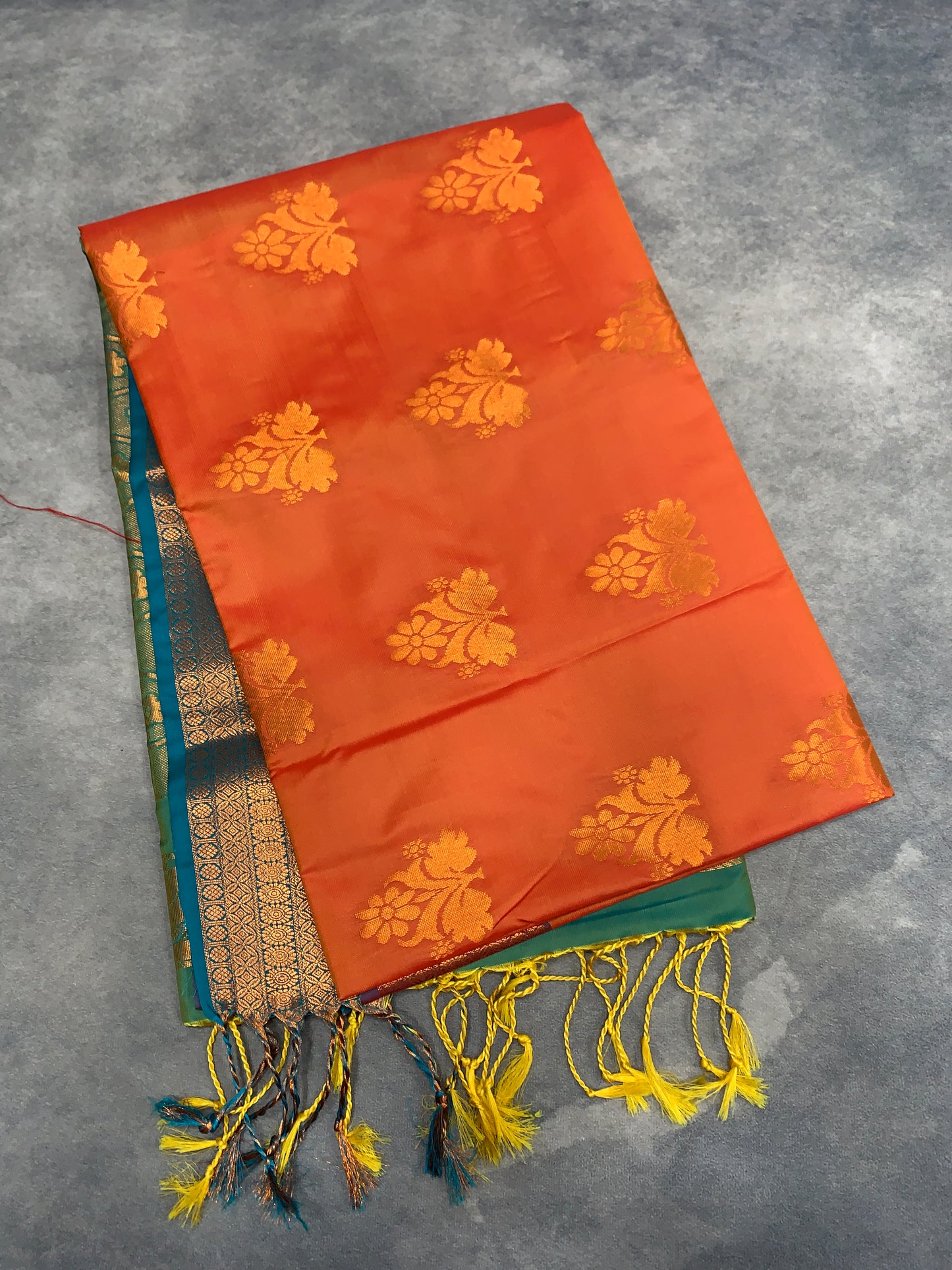 Soft Vegan Silk Saree Orange Colour with Light Green and Copper Border