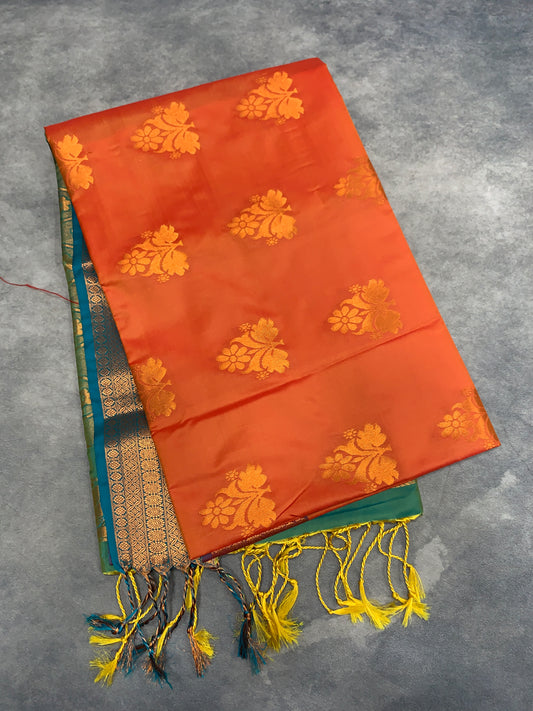 Soft Vegan Silk Saree Orange Colour with Light Green and Copper Border