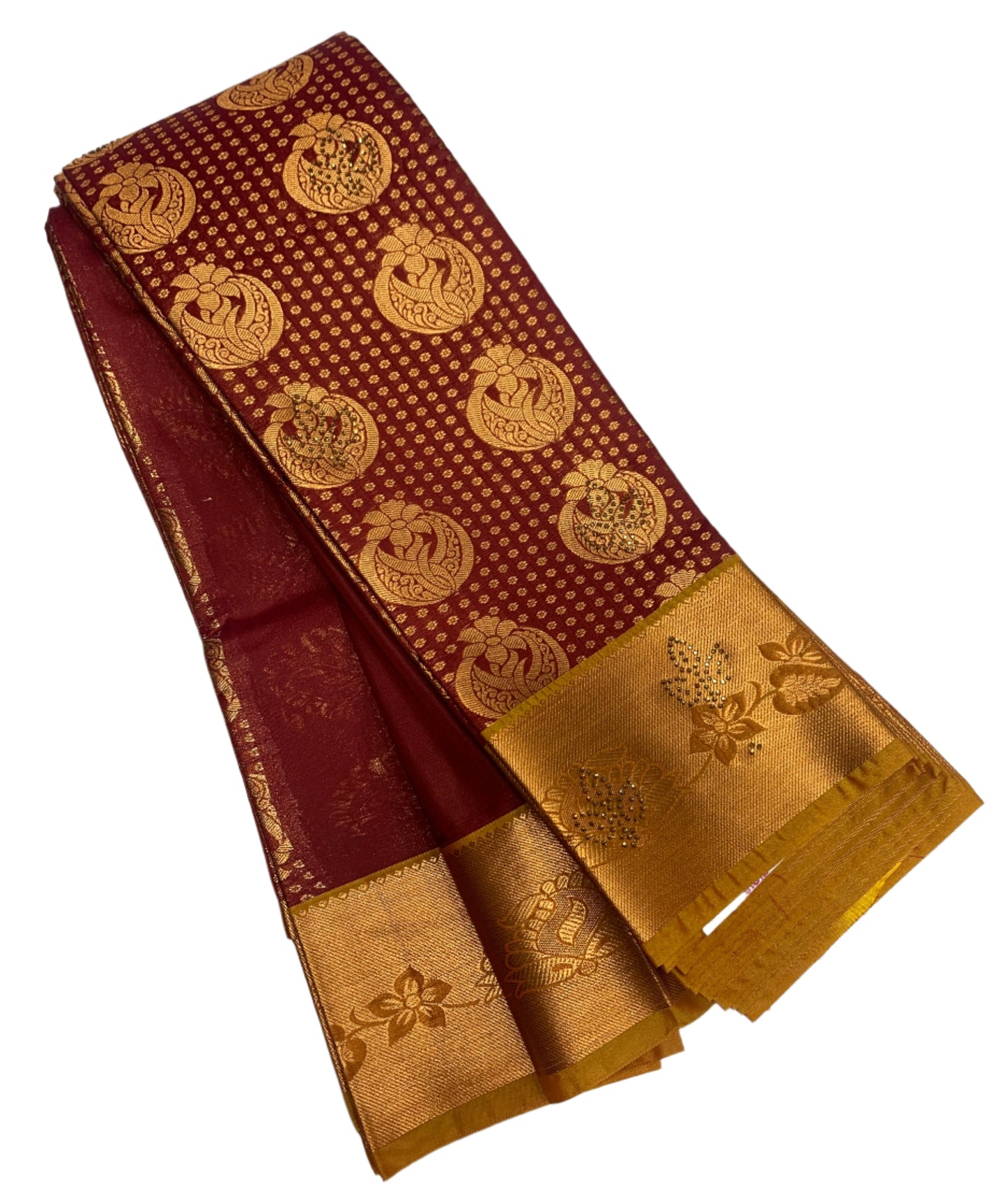 Vegan Silk Saree Maroon Colour with Golden and Golden Yellow Border