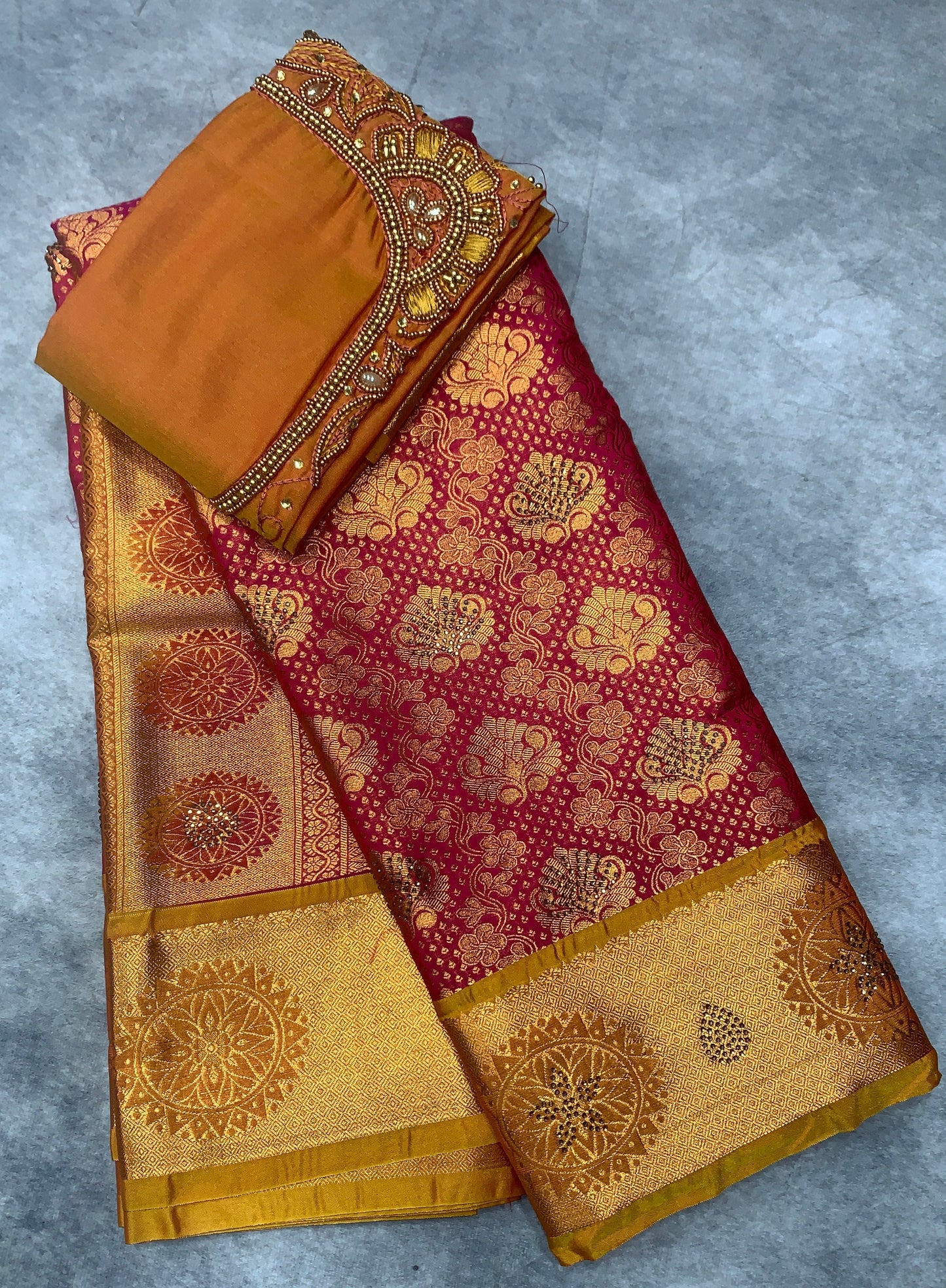 Bridal Vegan Silk Saree Pink shade with Golden Yellow Border with Unstitched blouse in Aari Work