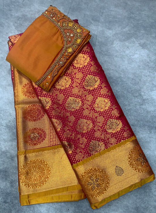 Bridal Vegan Silk Saree Pink shade with Golden Yellow Border with Unstitched blouse in Aari Work