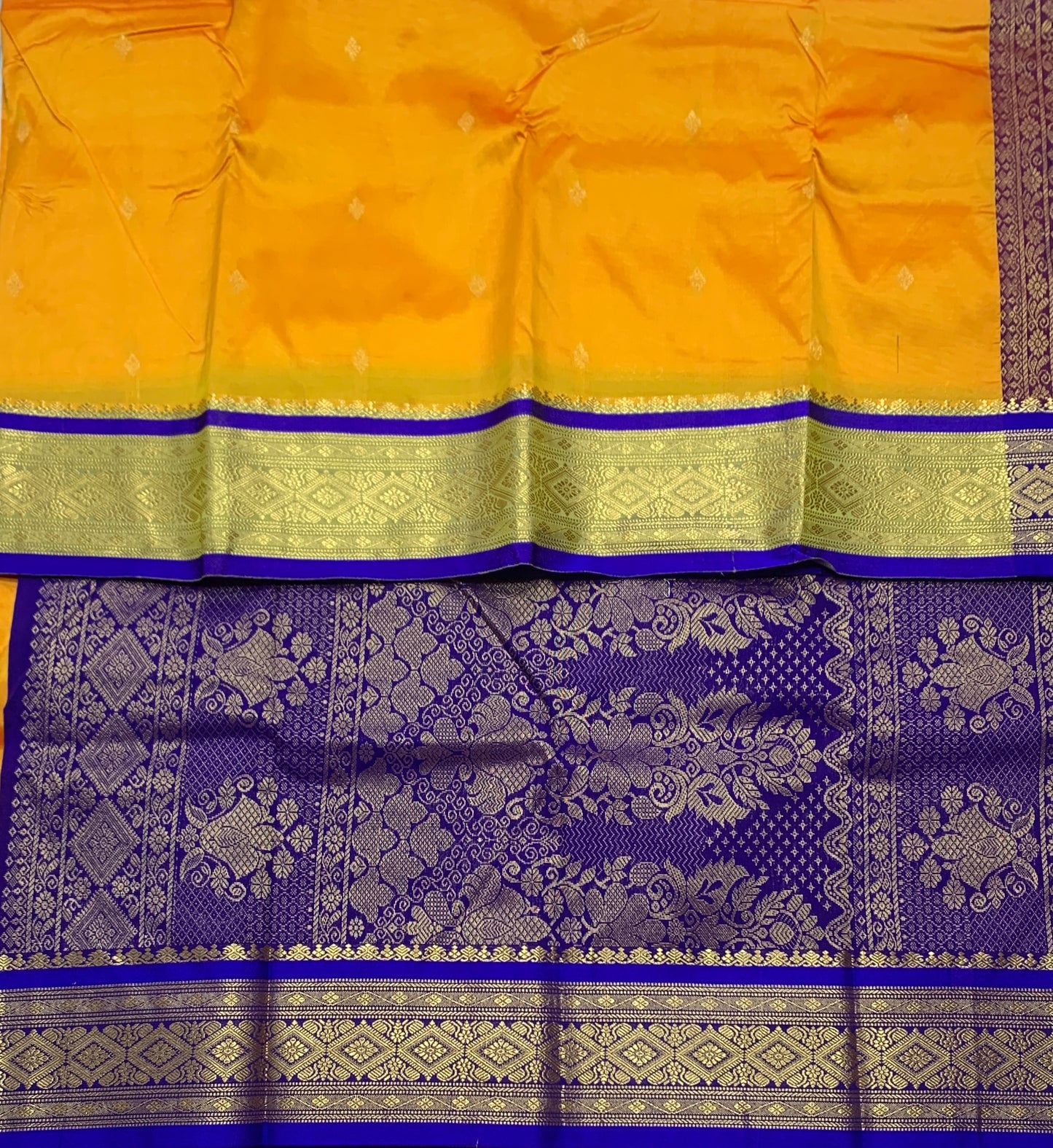 Yellow Shade Saree with Golden and Blue Border