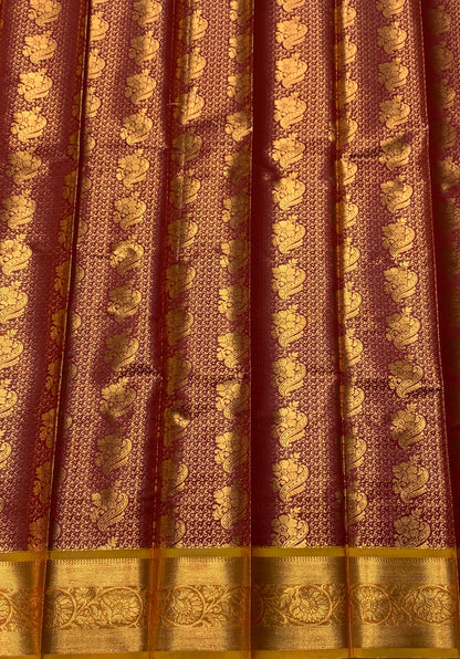 Vegan Silk Saree Maroon Colour with Copper and Golden Yellow Border