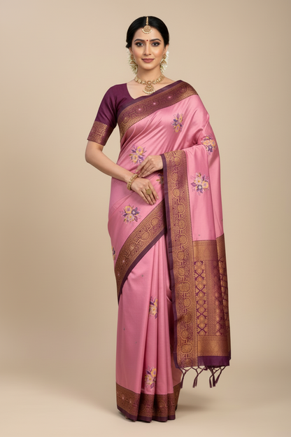Fancy Tissue Saree Pink Colour with Magenta Border