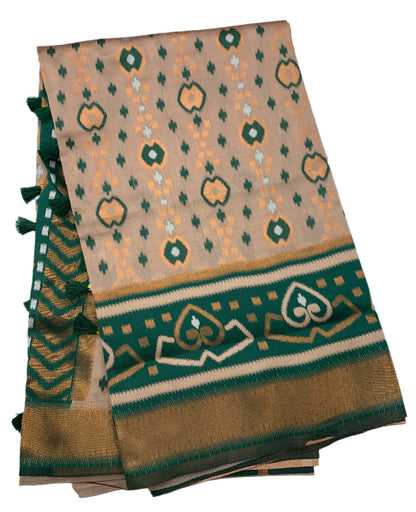 Pochampalli Semi Silk Saree Sandal Colour with Green Border