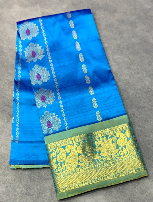 Sky Blue Shade Semi Silk Kids Pattu Pavadai with Contrast border for Age 2 to 5 Years