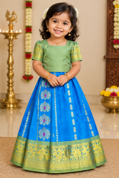 Sky Blue Shade Semi Silk Kids Pattu Pavadai with Contrast border for Age 2 to 5 Years