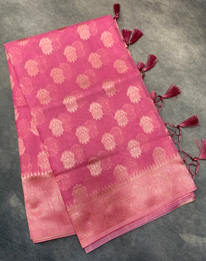 Banaras Katan Saree Pink Colour with Katan Work Border