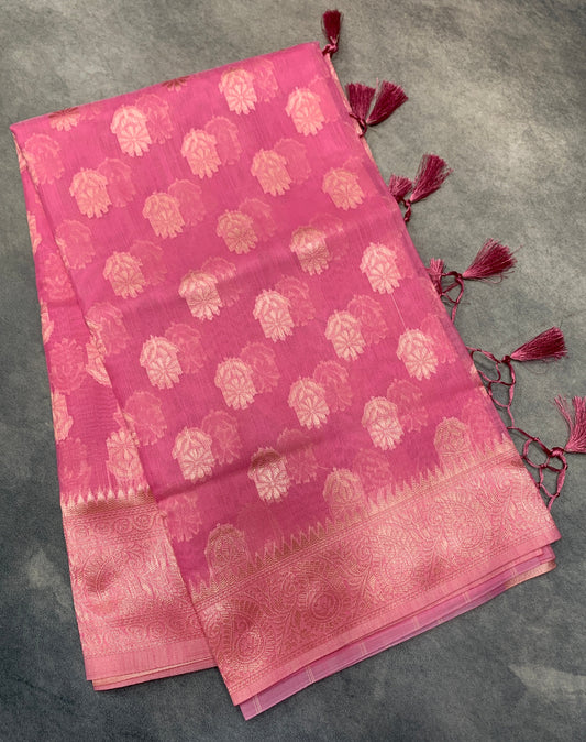 Banaras Katan Saree Pink Colour with Katan Work Border