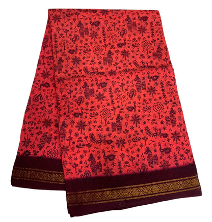 Chettinad Sungudi Cotton Tomato Red Colour with Brown Border