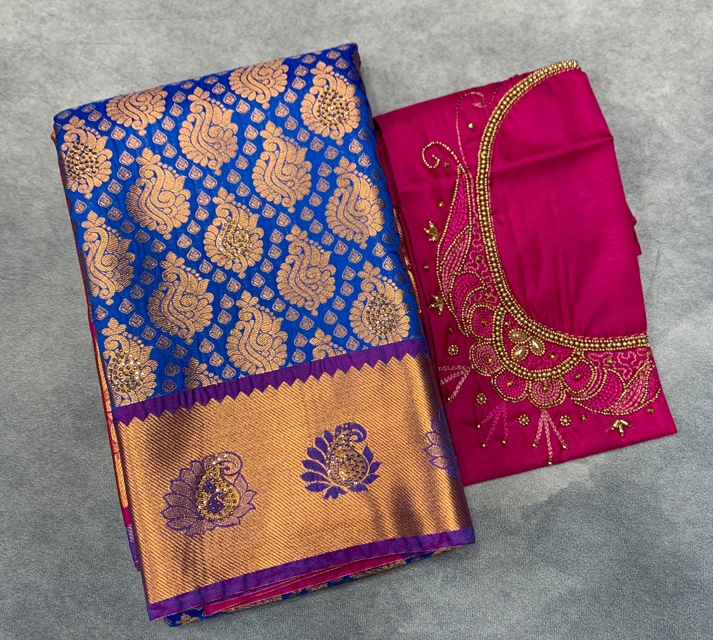 Bridal Vegan Silk Saree Sky Blue Colour with Purple Border with Unstitched blouse in Aari Work