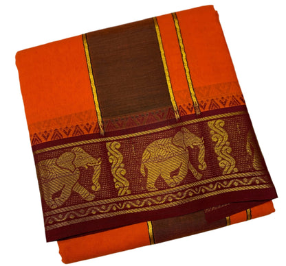 9X5 Cotton Dhoti Orange Colour with Maroon and Green Border