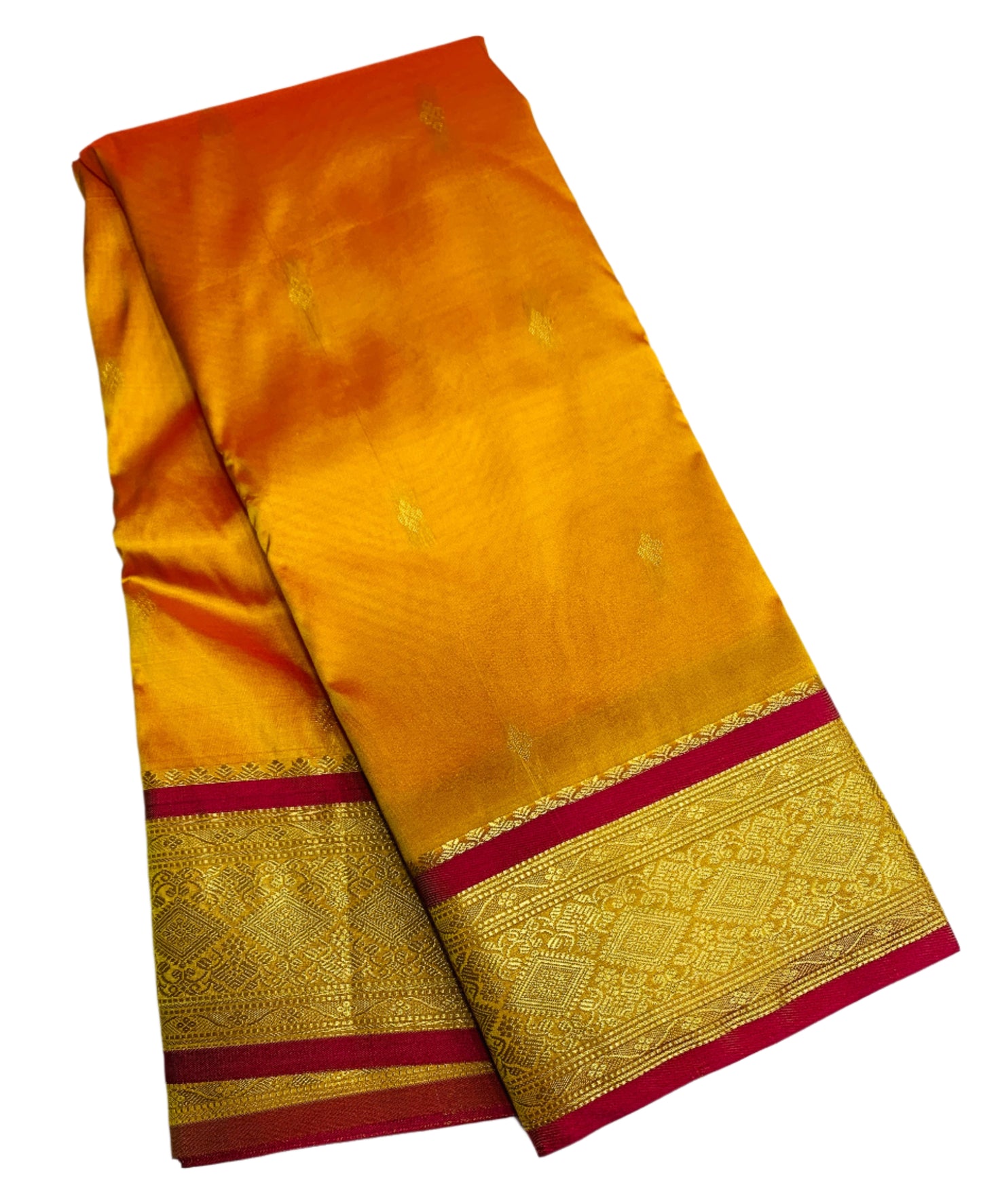 Mango Yellow Shade Saree with Golden and Red Border