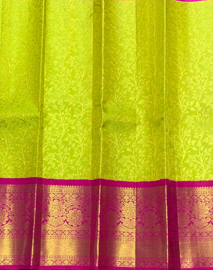 Lime Green Shade Pure Kanchipuram Kids Pattu Pavadai with Contrast Border for Newborn to 2 Years