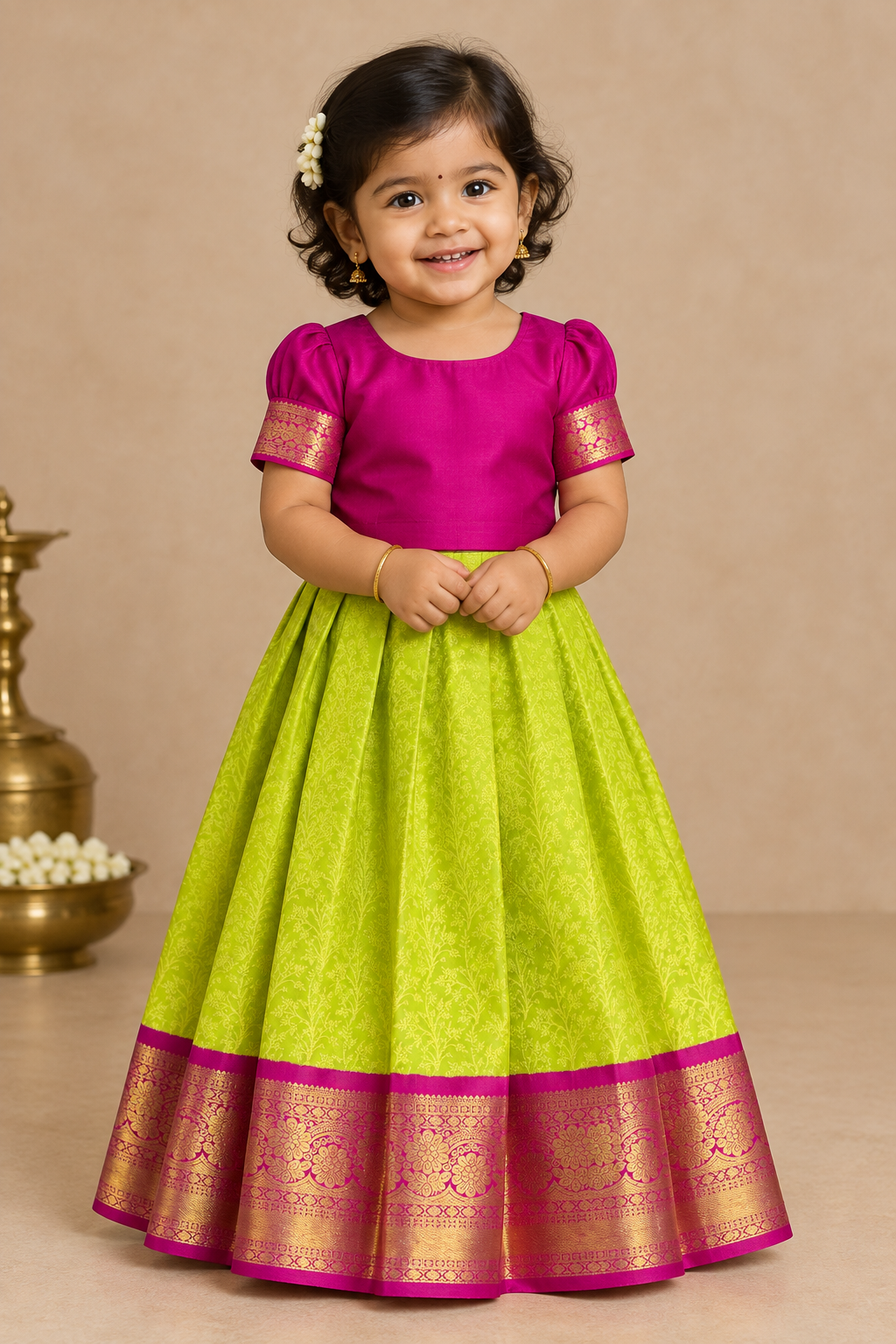 Lime Green Shade Pure Kanchipuram Kids Pattu Pavadai with Contrast Border for Newborn to 2 Years