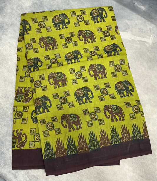 Chettinad Sungudi Cotton Olive Green Colour with Brown Colour Border
