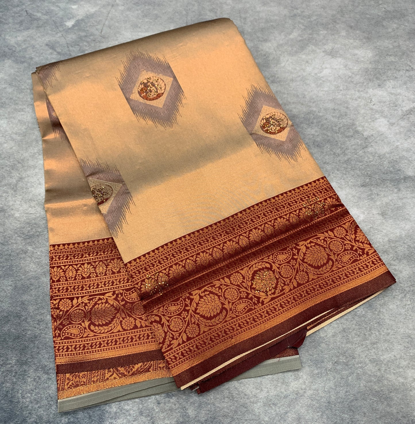 Art Silk Saree Sandal Colour and Stone Work with Brown Border