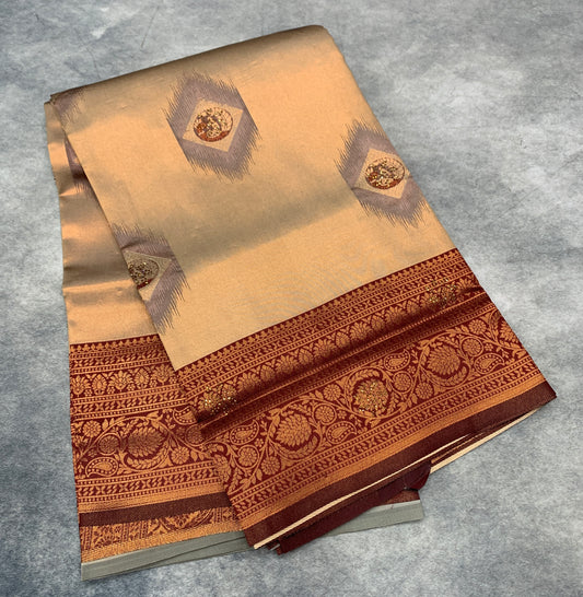 Art Silk Saree Sandal Colour and Stone Work with Brown Border