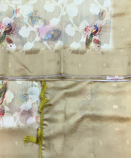 Digital Print Cotton Saree Olive Green Colour with Floral and Birds Pattern