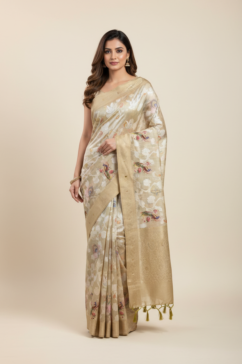 Digital Print Cotton Saree Olive Green Colour with Floral and Birds Pattern