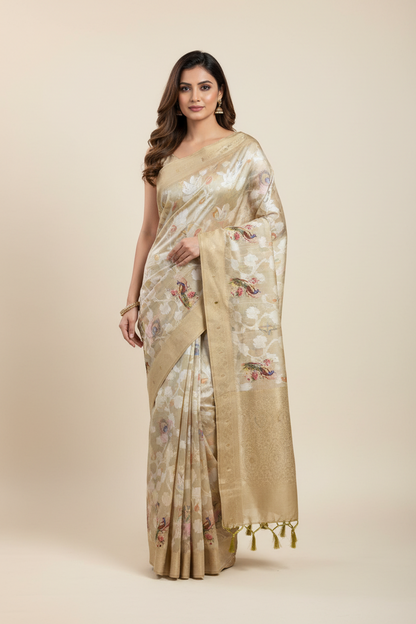 Digital Print Cotton Saree Olive Green Colour with Floral and Birds Pattern