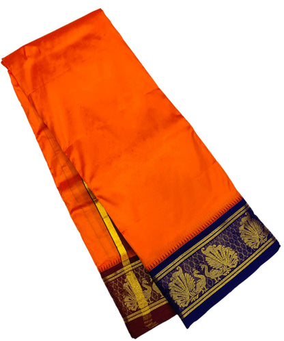 9X5 Pure Silk Dhoti Orange Colour Blue Border