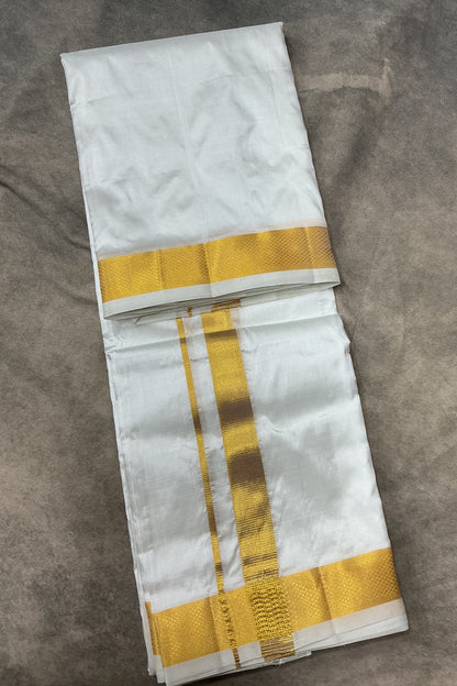 9X5 Pure Silk Dhoti White Colour with Large Golden Zari Border